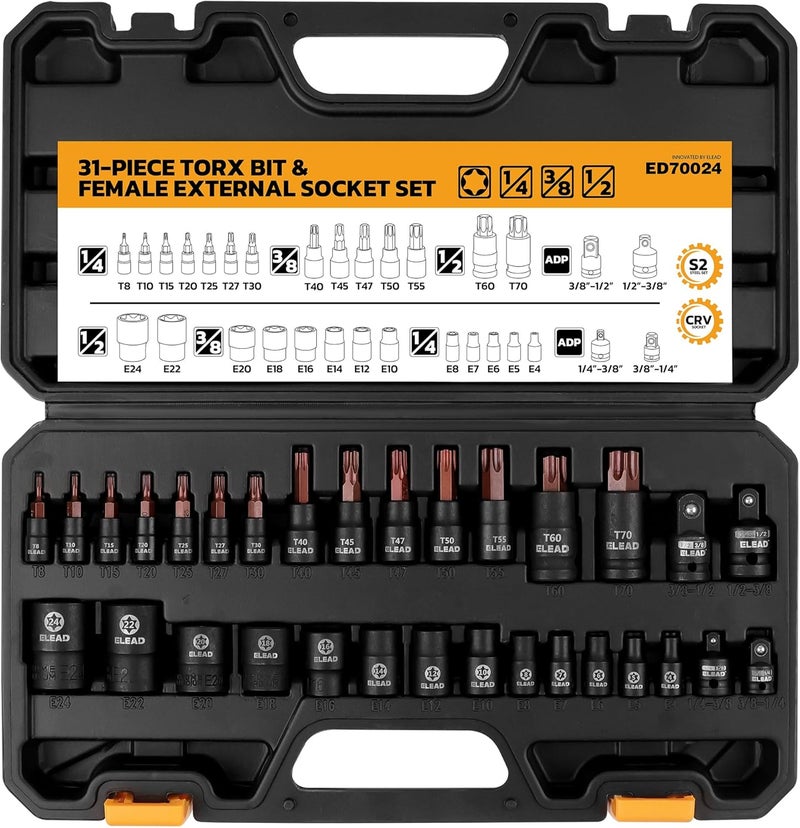 ELEAD 31-Piece Torx Bit Socket Set: Premium CR-V & S2 Alloy Steel, Star T8-T70 & E-Torx E4-E24, High Torque Laser Marked for Automotive Mechanic - Image 1